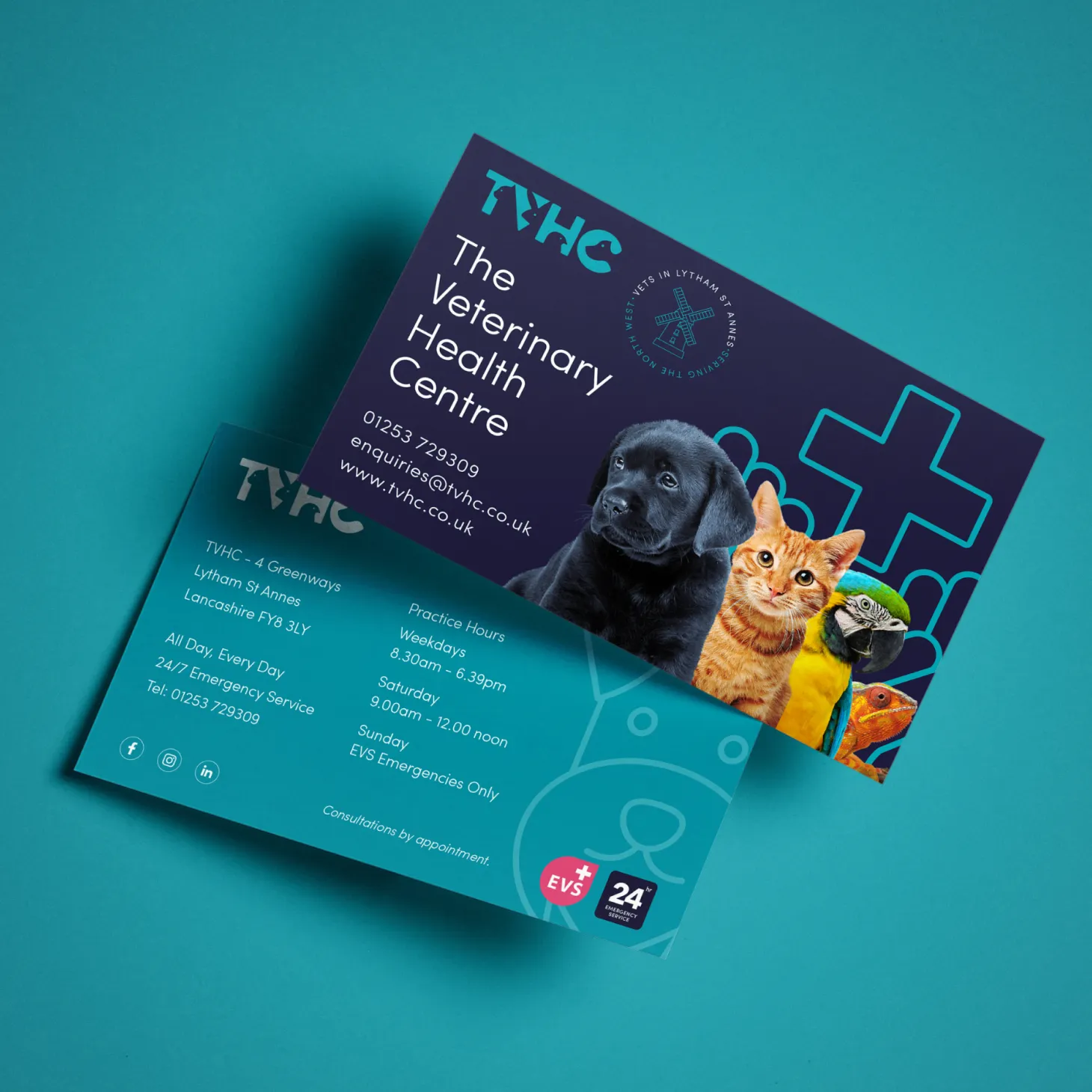Business card design for veterinary health centre TVHC.